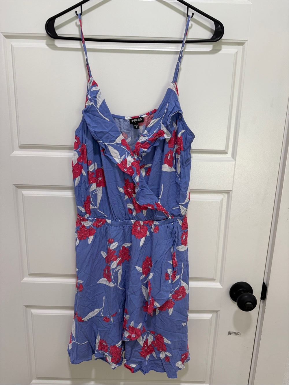Express Blue Floral Romper with Red and White Accents